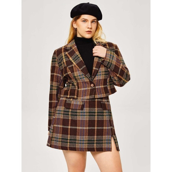 Cider Tweed Tartan Split Mini Skirt CROP Blazer Jacket Set 3XL Clueless Preppy - Picture 1 of 11